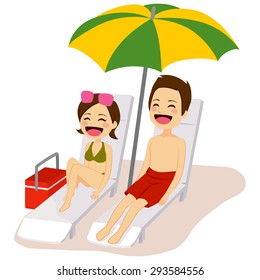 Couple relaxing sunbathing lying on lounge chair under beach umbrella