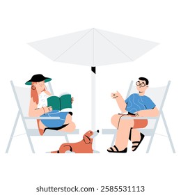 Couple Relaxing Under Umbrella With Dog, Reading Book And Talking In Flat Vector Illustration Symbolizing Leisure, Vacation, And Outdoor Relaxation, Isolated On White Background