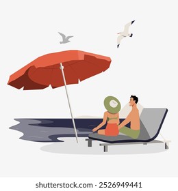 Couple relaxing under umbrella on the beach in flat vector illustration symbolizing vacation, relaxation, and summer holiday, isolated on white background.