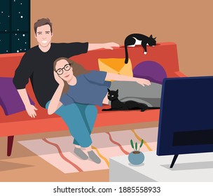 Couple relaxing and watching tv on living room at night. Movie date flat illustration