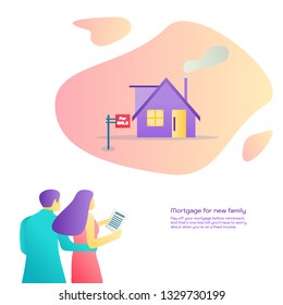 Couple relocation. Mortgage loan flat vector illustration. People outside home. Real estate dogovor. Rental house.