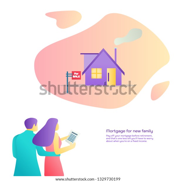 Couple\
relocation. Mortgage loan flat vector illustration. People outside\
home. Real estate dogovor. Rental\
house.