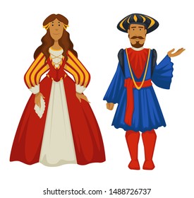 Couple, Renaissance style, man and woman, ball gown and tunic with leggings vector isolated characters. Corset and headdress, ancient fashion, clothing or outfit. Bearded husband and wife in dress