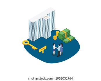 Couple Renting An Apartment And Shaking Hand With The Owner. Isometric Vector Concept