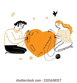 Una pareja arreglando un corazón roto para que funcione de nuevo. Estilo de doodle de ilustración de vector de dibujo manual