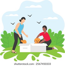 Couple Rescues Terrified Puppies concept, Happy family Adopted Beautiful Pet Unboxing vector color design, Pet foster and hotel Symbol, kennel animals Sign, Human-animal interaction scene illustration