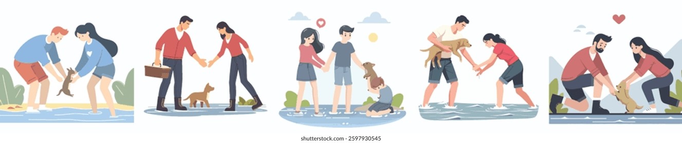 A couple rescuing a stranded animal, feeling compassionate. Style flat design, simple, minimalist, background white. Standing fullbody