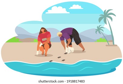 Couple rescuing turtles on beach. Volunteers release animals into open ocean. Reptiles crawl out of buckets and run towards water to swim freely. People take care of turtles on tropical island