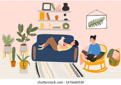 Couple rest at home, relax in cozy apartment, vector illustration. Hand drawn cartoon character, home leisure lazy weekend. Guy on couch with cat, people relax in apartment, comfortable room furniture