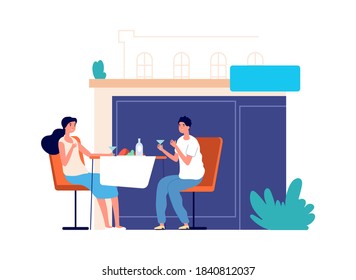 Couple in restaurant. Cafe date, tourists or travellers taste food drinks. Cartoon flat man woman or family in love vector characters