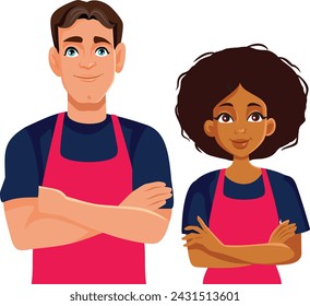 
Couple of a Restaurant Employees with Arms Crossed Vector Illustration. Waiter and waitress standing proud doing his job
