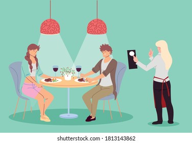 Pareja en restaurante cenando y camarera tomando el orden de diseño de ilustración vectorial