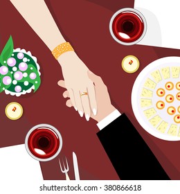 Couple In Restaurant Holding Hands, Table Top Angle View Flat Vector Illustration