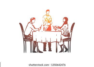 Couple, restaurant, table, waiter concept. Hand drawn romantic date in restaurant concept sketch. Isolated vector illustration.