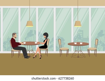 A couple in the restaurant. There is a man and a woman, sitting at the table on a window background in the picture. Vector flat illustration.