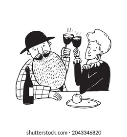 couple in restaurant with vine, ink art illustration, vector vintage clipart with cartoon characters good for print and card design