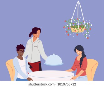 Couple in restaurant and waiter taking the order vector illustration design