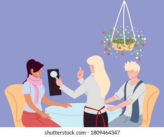 Couple in restaurant and waitress taking the order vector illustration design