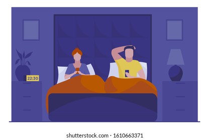Couple resting in bed and using smartphones. Addicted users checking out social media posts flat vector illustration. Addiction, unhealthy habit concept for banner, website design or landing web page