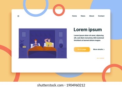 Couple resting in bed and using smartphones. Addicted users checking out social media posts flat vector illustration. Addiction, unhealthy habit concept for banner, website design or landing web page