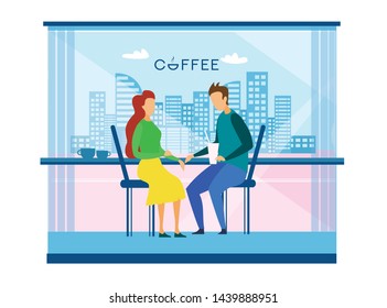 Couple Resting at Cafe in Modern Smart City Vector Cartoon. Man and Woman Talking, Drinking Tea, Milk Cocktail and Sitting near Coffee Shop Window. Cityscape on Backdrop. Flat Illustration