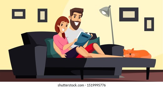 Couple resting at home flat vector illustration. Smiling boyfriend and girlfriend sitting on sofa cartoon characters. Happy romantic relationship. Young people reading book, watching photo album