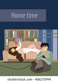 couple resting at home. girl lying on the couch and reading. boy playing video game
