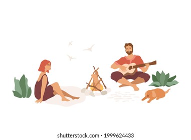 Couple resting near campfire, man playing guitar, girl sitting. Happy isolated characters, domestic dog with owner. Recreation, travel concept, summer illustration on white background.