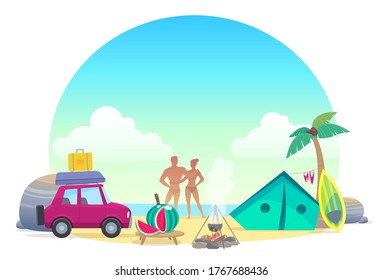 A couple resting on the beach in a tent by car. Palm tree, stones, bonfire and surfing. Vector stock illustration cover, advertisement, emblem.