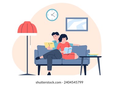 Couple resting on comfy sofa. Weekend relax together at home, reading book or studying. Young adults rest on couch in living room, recent vector scene. Recent vector scene