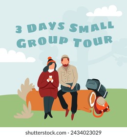 A couple resting on a log with a backpack, in a stylized outdoor setting, for a small group tour promotion.