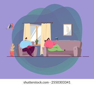 Pareja descansando en el sofá en la sala de estar Ilustración vectorial plana. Hombre que se sienta en el sillón con el ordenador portátil, mujer que miente en el entrenador y libro de lectura en casa. Familia, hogar, unión, conce interior del apartamento