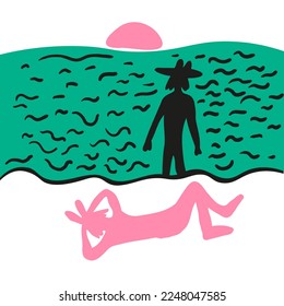 the couple is resting at the resort. a man in a hat bathes in the sea. Sunset on the coast. The man lies on the beach.