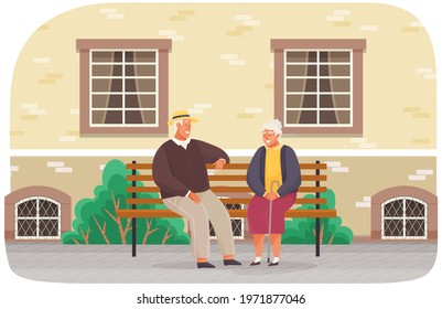 Couple of retirees spend time outdoors sitting on bench. Romance of elderly people on meeting. Characters in happy relationship talking, sitting on bench near house. Man with lady have rest together