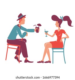 Couple at retro bar enjoying cocktails flat color vector faceless characters. Old fashioned boyfriend and girlfriend talking, drinking alcohol together isolated cartoon illustration