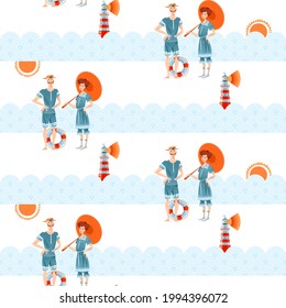 Couple in retro swimsuits. Victorian style. Beach holiday. Travel and tourism. Seamless background pattern. Vector illustration