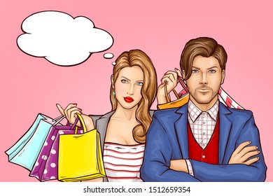 Couple returning from shopping concept. Satisfied young woman with shopping bags, paper packets in hands standing behind serious man. Husband upset because wife purchases pop art vector illustration