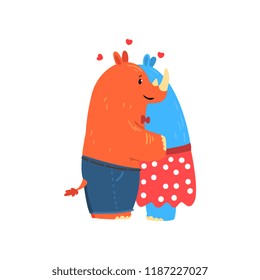 Couple of rhinoceroses in love embracing each other, two happy aniimals hugging vector Illustration on a white background