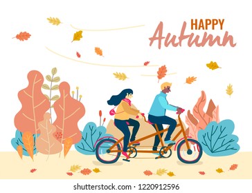 a couple ride bicycle on autumn background, background concept with flat vector design illustrations.