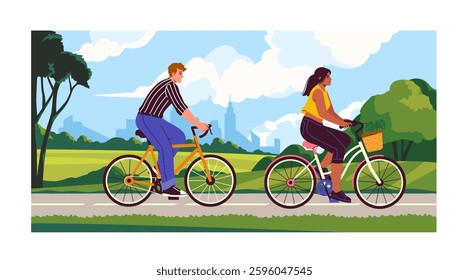 Couple ride bicycles. Man and woman cycling in city park. Active lifestyle, hobby and leisure. Family at eco friendly transport. Travel and trip. Flat vector illustration