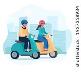 A couple  ride modern mopeds, wearing helmets. Vector, flat style. Alternative environmentally friendly transport, healthy lifestyle. Woman and man, friends on motorcycles.