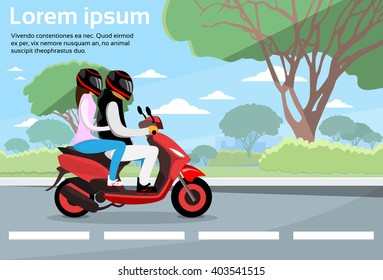 Couple Ride Motorcycle Wearing Helmet Flat Vector Illustration