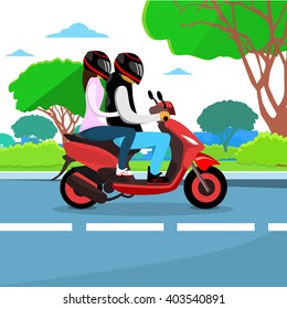 Couple Ride Motorcycle Wearing Hemlet Flat Vector Illustration