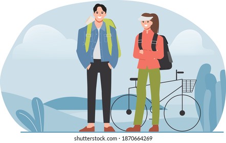 The couple rides a bicycle in the mountains.