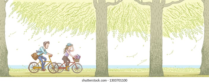 Couple rides the bicycles in the park. Having a bicycles race into the nature forest In the summer. Pairs in love riding a bicycle. During the time for love romantic. Lines, colors separate layers. 