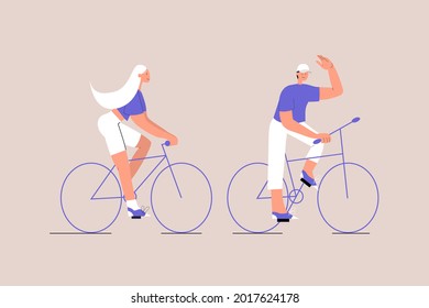 A couple rides bicycles. Spending time together. The man waves his hand.  Eco-friendly urban transport.  Post-quarantine lifestyle. Vector illustration on isolated background. Eps 10