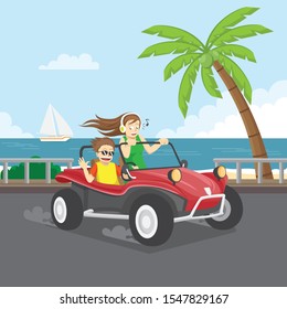 Couple rides buggy with beach background