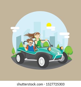 Couple rides buggy with city background