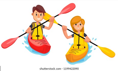 Couple Rides A Kayak Boat On The Lake Vector. Isolated Illustration
