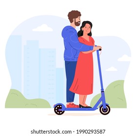 Couple rides together on a electric walk scooter. Man and woman driving e-scooter. Romantic walk in the city. Alternative eco urban transport. Flat vector illustration isolated on white background 